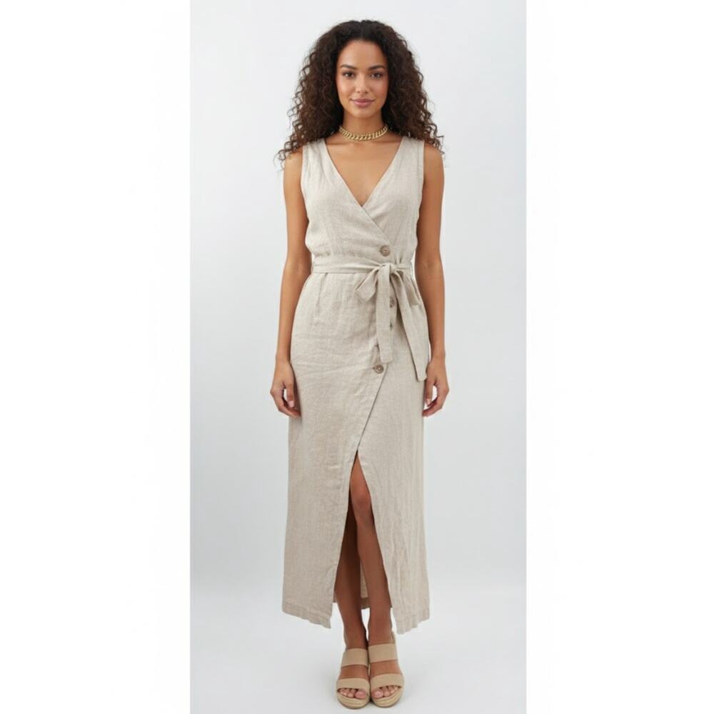 B51 Posse Linen Midi Dress S Belted Wrap Style Vacation Neutral Brunch‎ Everyday